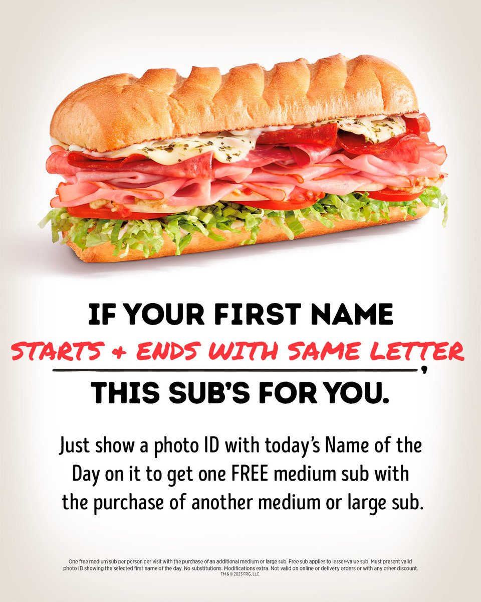 🎅 Santa's nice list for today: First names that start and end with the same letter. This should be fun 😎

If that's you, show your photo ID at any participating Firehouse Subs TODAY, 12/16, and get a FREE medium sub when you buy an additional medium or large sub!