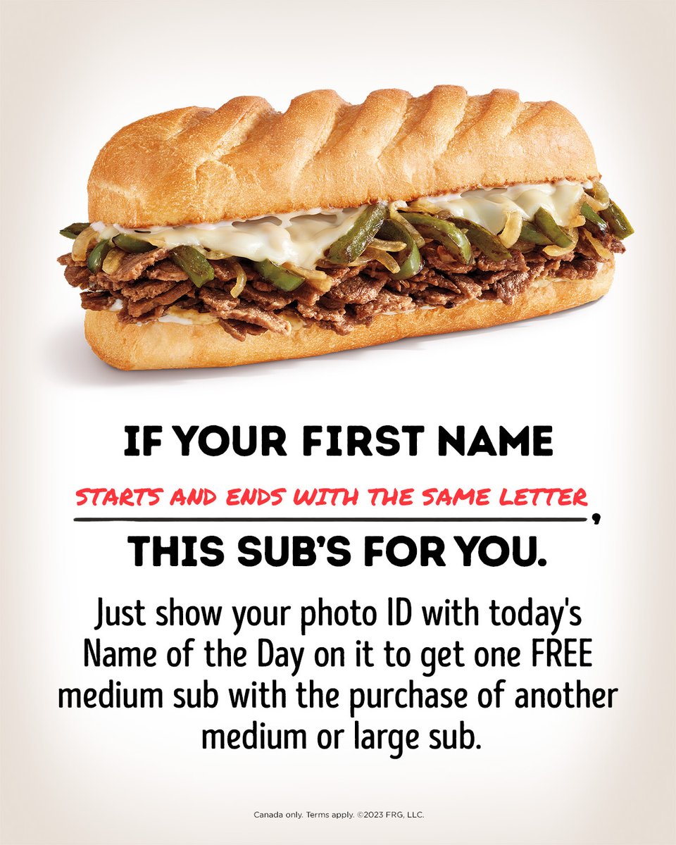 Boomerang! 🪃 If your first name starts &amp; ends with the same letter, show your photo ID at participating Firehouse Subs in Canada TODAY 12/16 and get a FREE medium sub when you buy an additional medium or large sub! Visit firehousesubs.ca/nameoftheday daily for details.