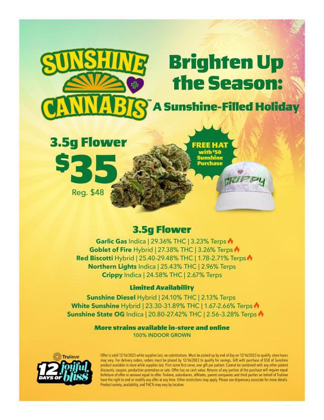 SunshineCannab2's tweet photo. Good morning #SunshineFam π«‘ππ½Today is the #SunshineCannabis 12 Days of #Cripmas celebration π₯ππΌβοΈπ¨ Lots of #cannabisproducts back in stock just for our wonderful #trulievers βΌοΈππ Come join us at 1 of 4 #Florida @Trulieve #MMTC Hope to see you there β¨β¨β¨#TruEvents https://t.co/HaHkVi3c40