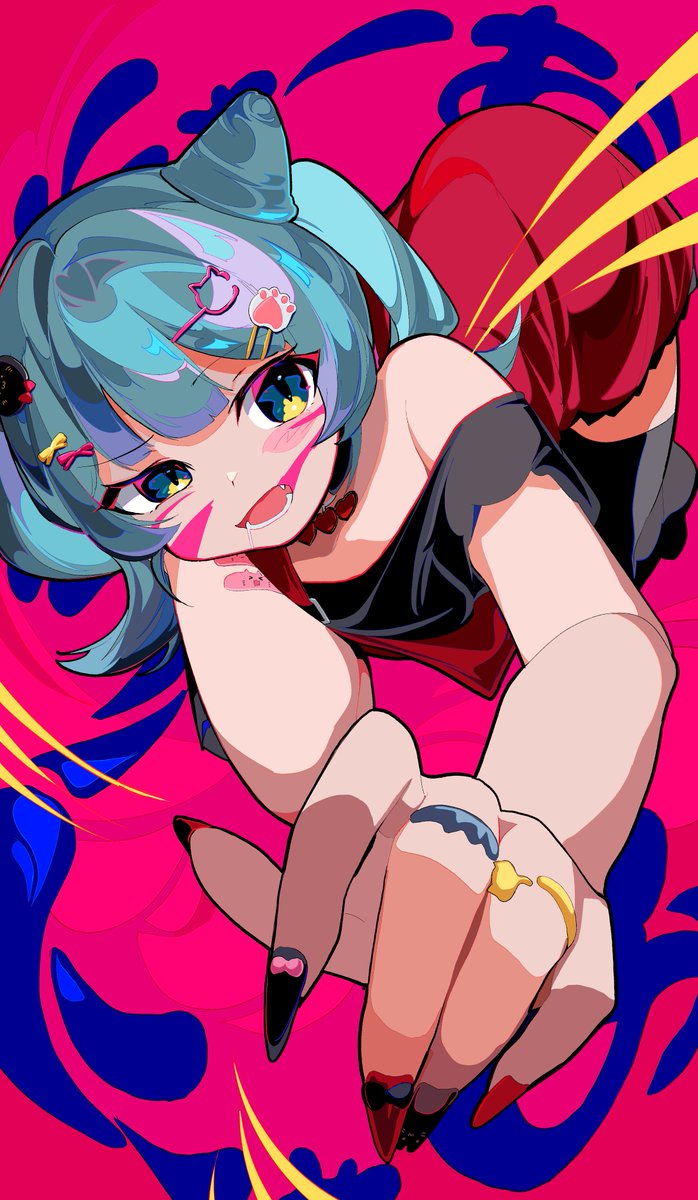 hatsune miku 1girl solo jewelry hair ornament cone hair bun thighhighs red nails  illustration images