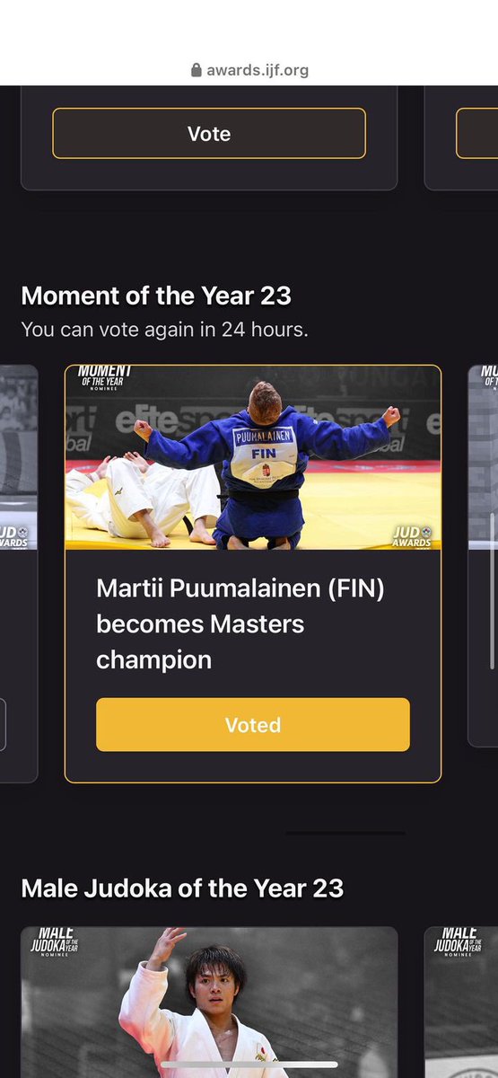 awards.ijf.org

Ehdolla kahdessa kategoriassa vuoden 2023 IJF Awardseissa. Äänestää voi 24h välein! #judo #judofi