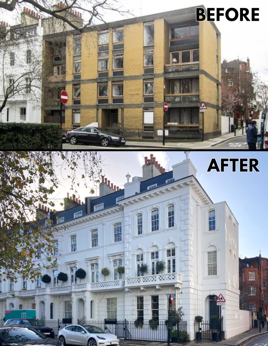 London is healing.

This depressing postwar block in Kensington was torn down and replaced with a neo-Georgian terrace - similar to what stood there before it fell victim to an aerial bombing.

The postwar brutalism was once designated a Grade II listed building in 2007, on the