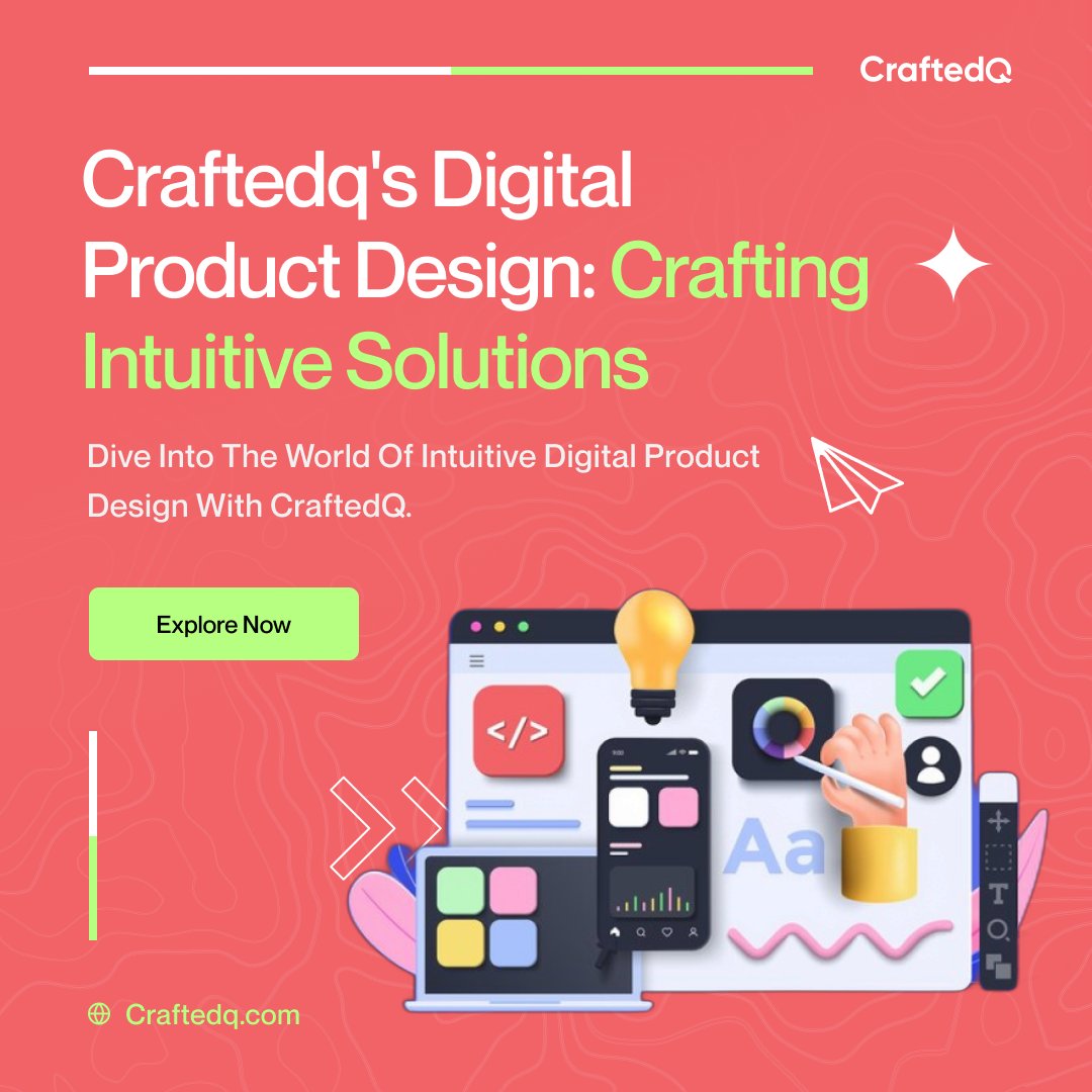 'CraftedQ is turning ideas into art with Digital Product Design! 🚀 Join us as we craft intuitive solutions that redefine user experiences. #DigitalDesign #InnovationUnleashed'🎨✨ #DigitalProductDesign #CraftedInnovation #UserExperience'