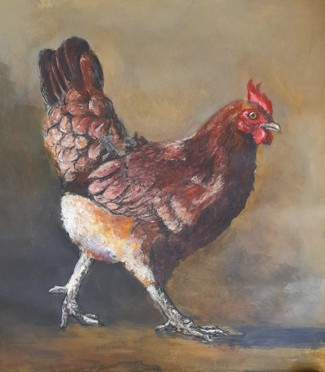 malcolmtait's tweet photo. I'm working on four things at the moment, and it's one of those times where you just have to wait. So I work on drawings I have made, this chicken is worked up with pastel and acrylic. A cluttered studio hoping to have clear by Christmas. #drawing #studio #making https://t.co/CbGzwpoLkL