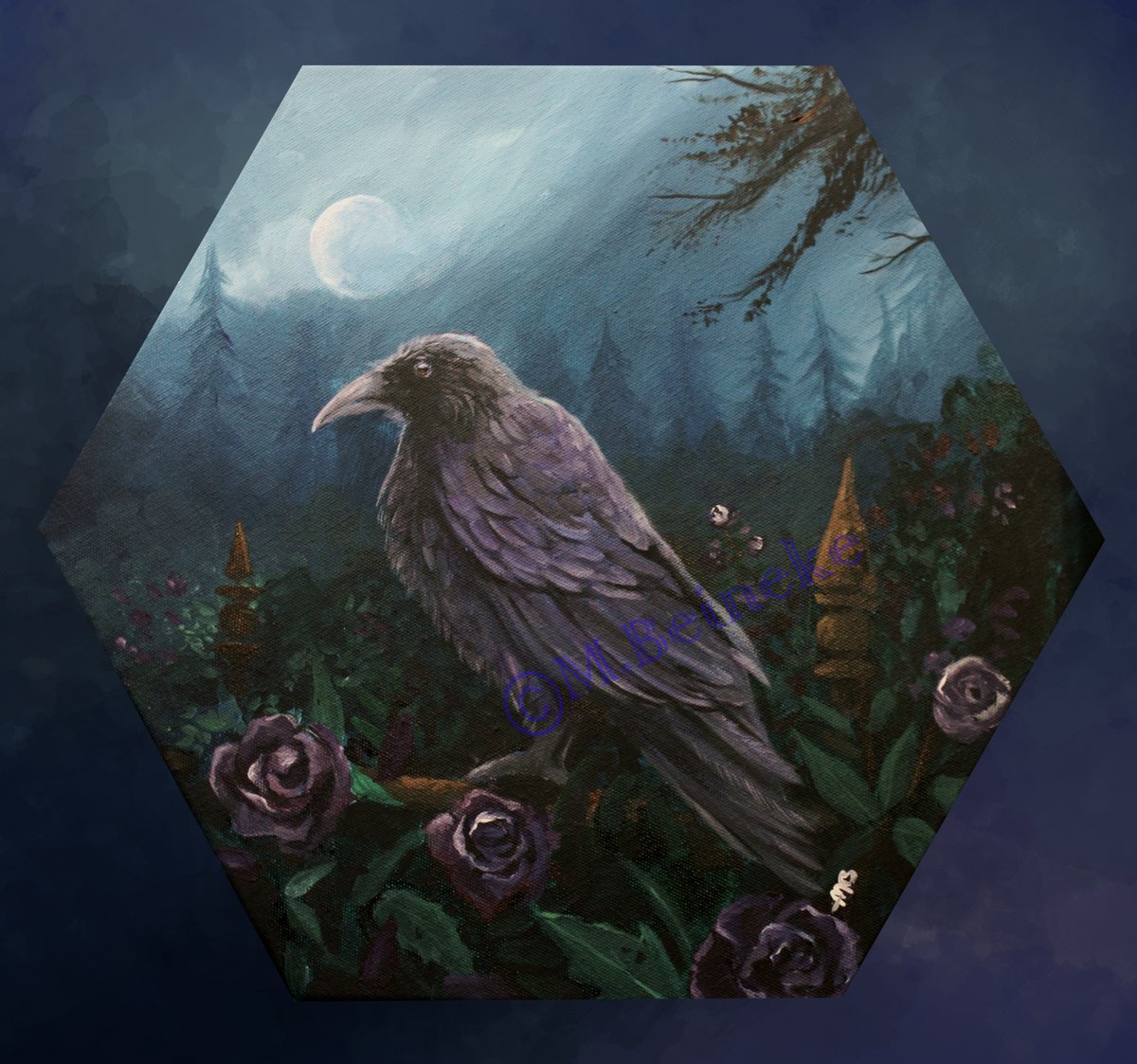 I do normal stuff on occasion. 'Violet and Roses' acrylic on a 16x16 hexagonal canvas
This little guy has already been adopted :) 
#crowart #crow #rosepainting #gothicart #gothicpainting