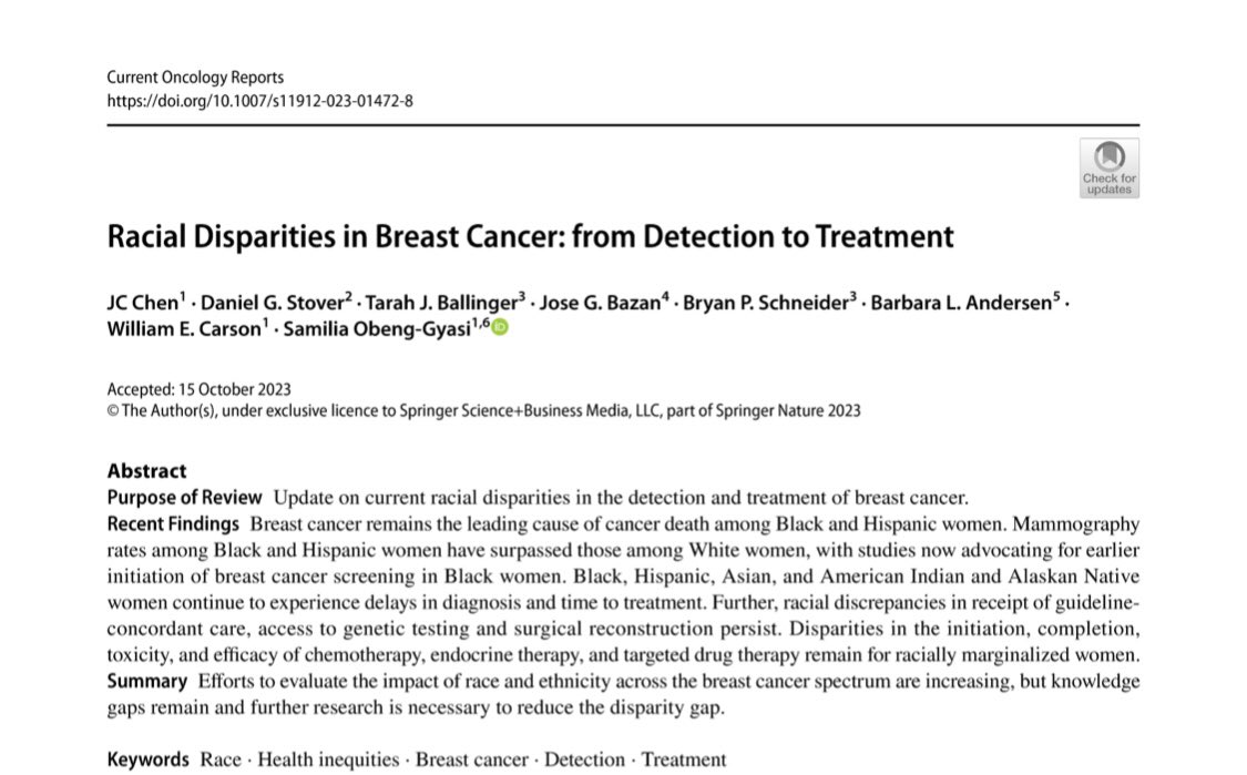 In this latest work, we conducted a contemporary review of racial and ethnic disparities in breast cancer . rdcu.be/dtJ7M #healthequity #bcsm @OSUCCC_James @OhioStateSurg @OhioStateWIMS