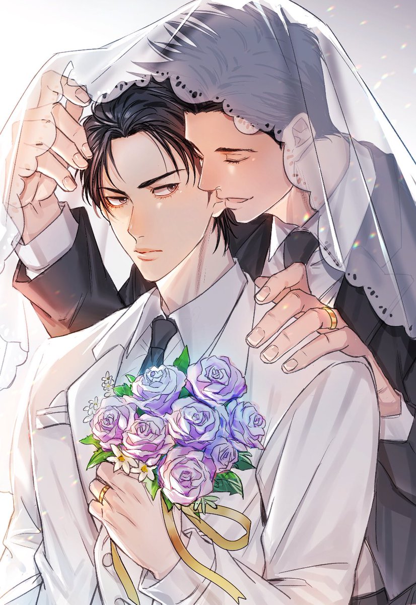 jewelry 2boys multiple boys yaoi ring male focus formal  illustration images