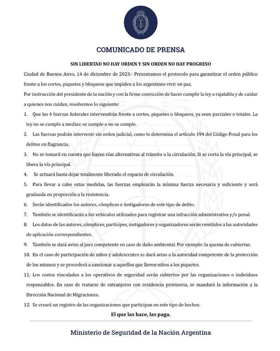cvoule's tweet photo. #Argentina Estoy recibiendo informes muy preocupantes sobre un anuncio presidencial que criminaliza la #protesta pacífica y otorga poder ilimitado a las fuerzas del orden para el uso de la #fuerza. Silenciar voces disidentes no es la respuesta para resolver las crisis sociales.🧵 https://t.co/OikovtUfAG