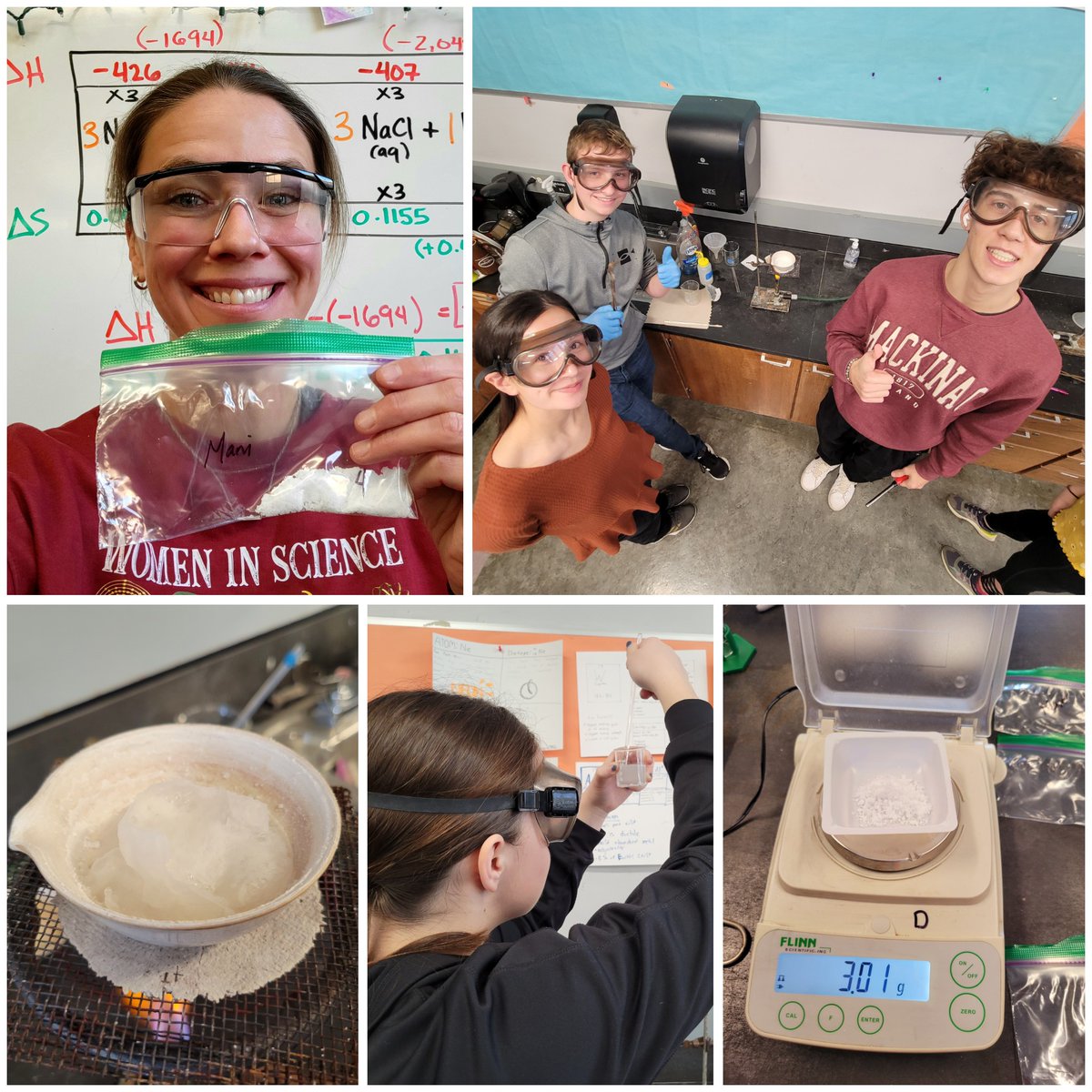 marcymcscience's tweet photo. Using all of the skills they have learned so far (Stoichiometry, Rxn Rates, Thermochem, Gas Laws, Types of Rxns, Molarity), FOS 3 students had to research different reactions &amp; design a procedure to create exactly 3g of NaCl in our final performance lab. They did a fantastic job! https://t.co/bEOcjZ5pwr