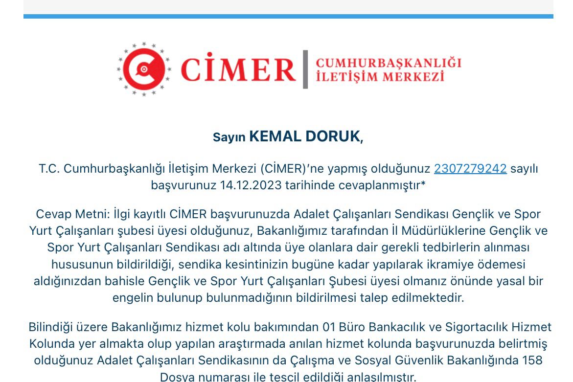 Gençlik ve Spor Bakanlığı' nın CİMER aracılığı ile üyelerimize verdiği cevap ektedir 

Meali : Adalet- Sen ; Büro hizmet kolunda faaliyet gösteren tescilli sendikadır. Üye olunmasının önünde yasal bir engel bulunmamaktadır...

<a href="/gencliksporbak/">Gençlik ve Spor Bakanlığı 🇹🇷</a> <a href="/adaletsendikasi/">Adalet Sendikası</a>