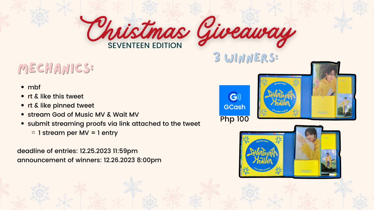 jyjbcart's tweet photo. 💎 CHRISTMAS GIVEAWAY SEVENTEEN EDITION 💎

get a chance to win the ff:
(2) unsealed seventeenth heaven carver
(1) Php 100 gcash

— see mechanics in the attached pic
— ph carats only
— forms: https://t.co/XO3ePLwMgr

ends 12.25.2023 11:59pm https://t.co/nvvDHosMNj