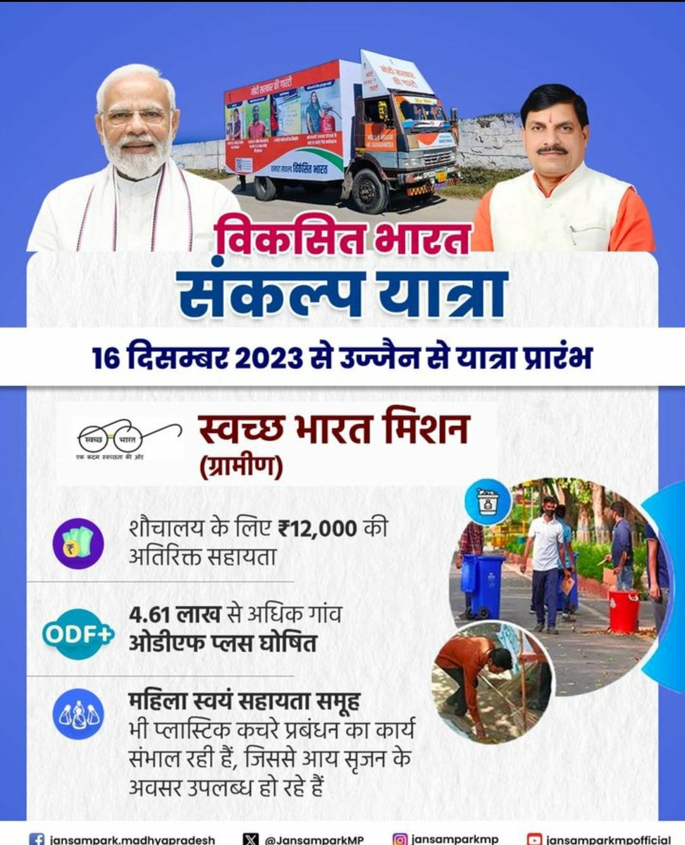 विकसित भारत संकल्प यात्रा
---
16 दिसंबर 2023 से उज्जैन से यात्रा प्रारंभ

स्वच्छ भारत मिशन (ग्रामीण)

➡️ शौचालय के लिए ₹12,000 की अतिरिक्त सहायता
➡️ 4.61 लाख से अधिक गांव ओडीएफ प्लस घोषित

<a href="/CMMadhyaPradesh/">Chief Minister, MP</a> 
#विकसित_भारत_संकल्प_यात्रा 
#JansamparkMP