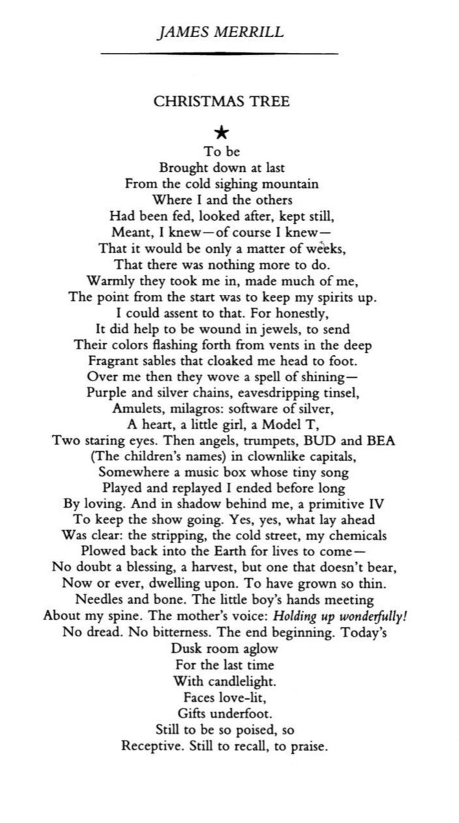 Time again to repost The Christmas Tree by James Merrill, written during what he knew would be his last illness, being looked after by friends. The voice of the poem is both the tree and his own...