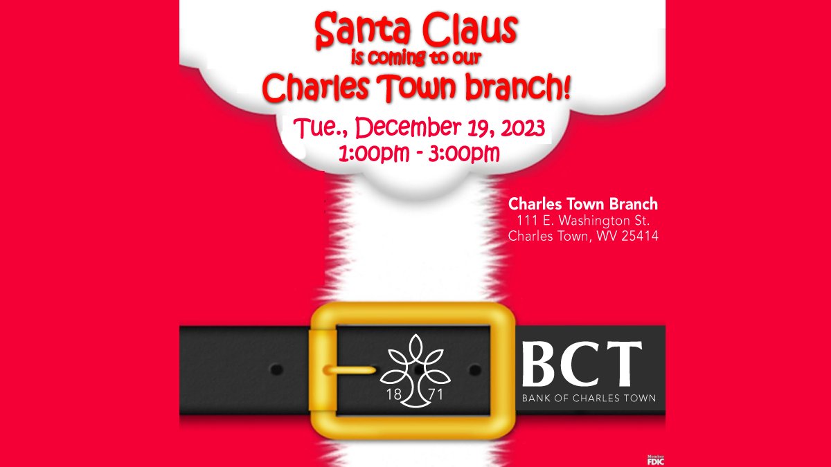 Potomac_Bank's tweet image. Santa is coming to our Charles Town branch Tuesday, Dec. 19, 1pm-3pm!  Bring kiddos young and old to meet Santa and whisper their Christmas wishes into his ear.   Address: 111 E. Washington St., Charles Town, WV. 
#BCTCommunity #Santa