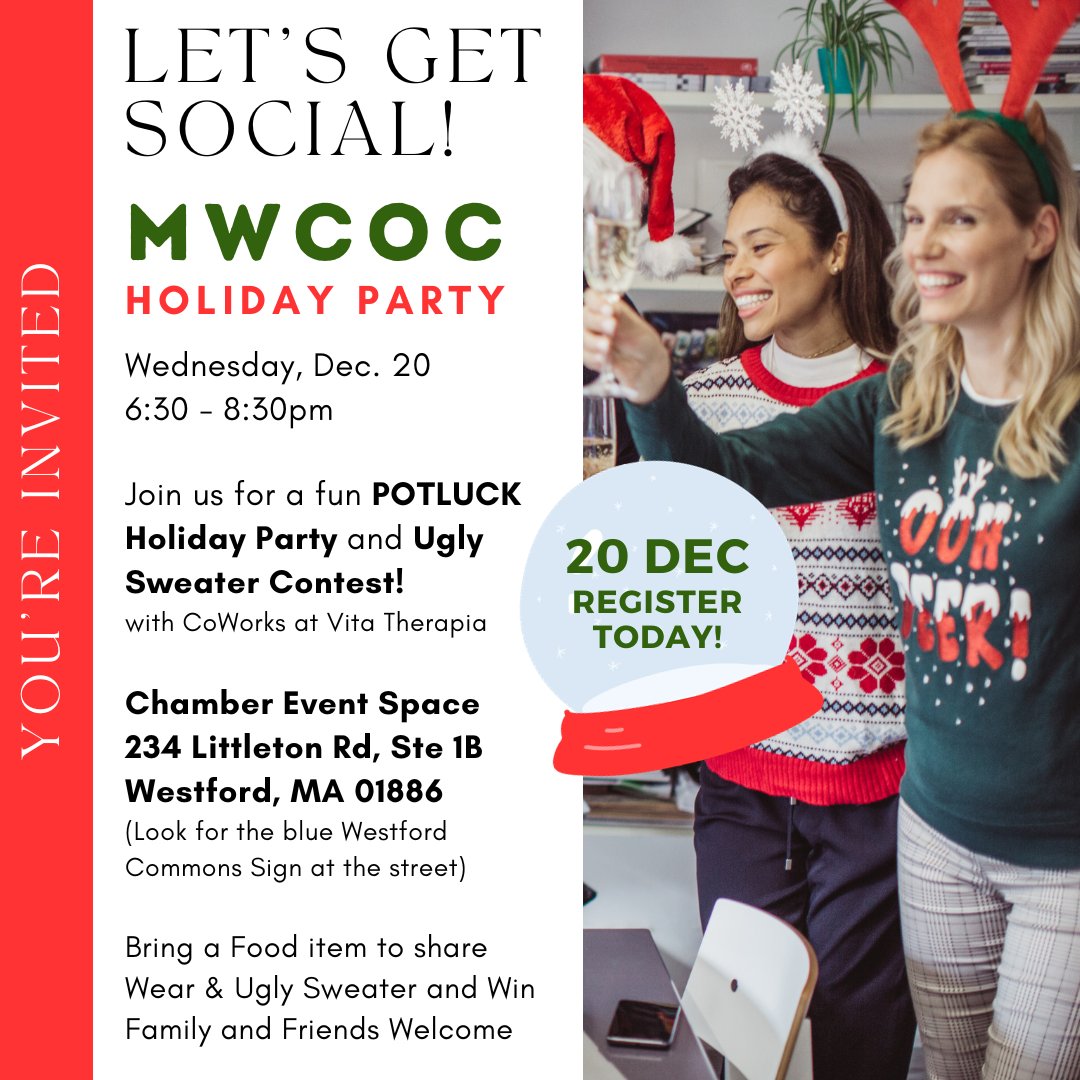 MWestChamber's tweet photo. Come deck the halls with us as we have our Potluck Holiday Party on December 20th. You won't want to miss the temptingly delicious food and eye popping ugly sweaters. Register today and feel free to bring a friend or partner in crime.

https://t.co/rEU8fiLrLa https://t.co/zvYA6TxxhS