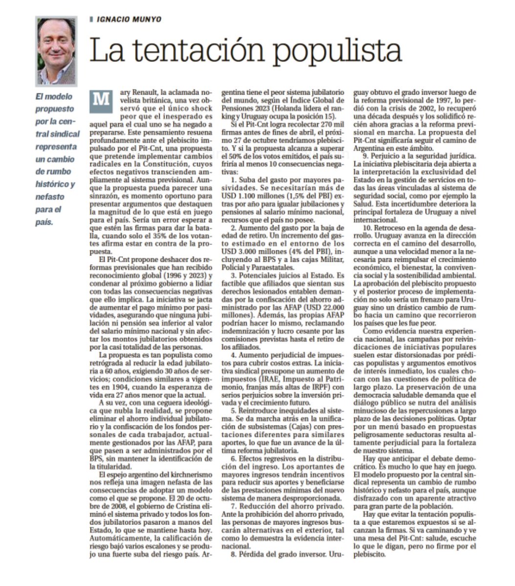 IgnacioMunyo's tweet photo. Comparto mi columna del domingo pasado sobre un asunto muy delicado: la propuesta del PIT-CNT de dejar plasmado en la Constitución de la República cambios profundos en el sistema de jubilaciones y pensiones. https://t.co/3Ux4kxx5wy