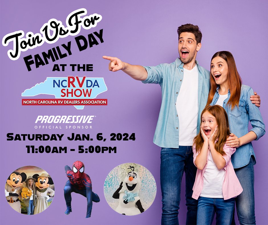 NCRVDA's tweet photo. Bringing back the Family FUN to the #NCRVDA #RVShow &amp; #RVSale Join us for #FamilyDay Saturday 1/6/24, special guests roaming 11:00 - 5:00!  Mr. Rainbow &amp; Face Painting Friday, Saturday &amp; Sunday Make plans now to bring the whole family and find your way to make camping memories. https://t.co/5ltvEZhBeb