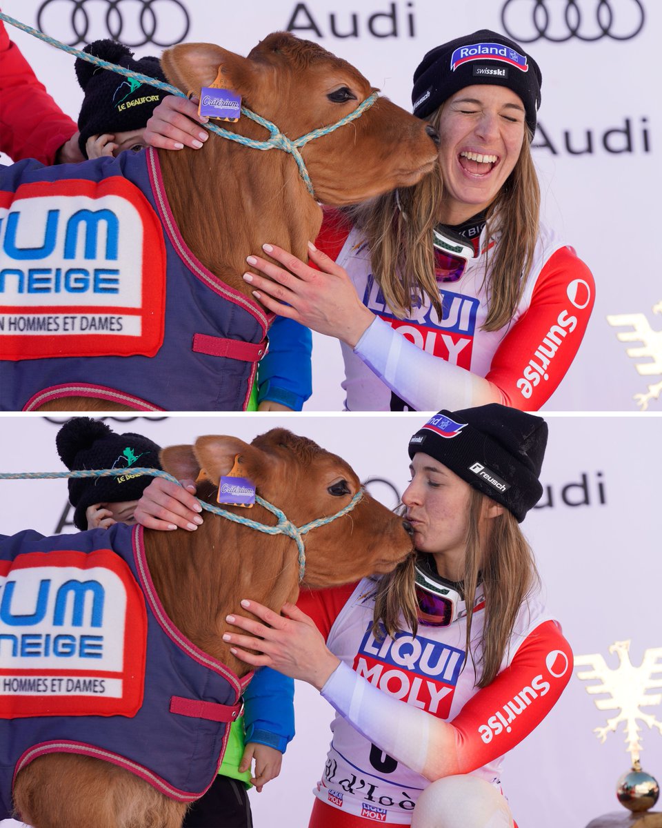 cyclingontnt's tweet photo. Switzerland's Jasmine Flury won 𝘼 𝘾𝙊𝙒 after her victory at the World Cup Women's Downhill in Val d'Isere 🐮

#fisalpine https://t.co/ivQ7BQkwl3