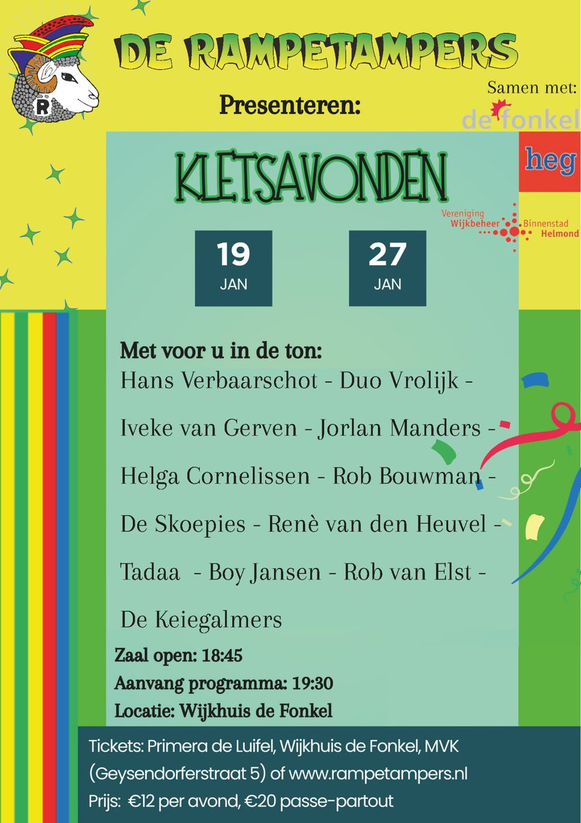De voorverkoop voor de prachtige zittingsavonden is begonnen!

• Wa kost da? €12 per avond of €20 voor beide! Muntjes  €2
• Tickets?
*Webshop: ticketview.nl/shop/rampetamp…
*Of zie de poster hieronder voor vaste verkooppunten
