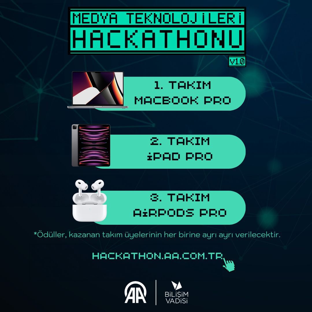 🚀 Medya Teknolojileri Hackathonu’nda ödüller seni bekliyor! 

🥇1. Takıma MacBook Pro
🥈2. Takıma iPad Pro
🥉3. Takıma AirPods Pro

🌐  Geleceğin medya teknolojilerini keşfetmek için;
Takımını Topla, Fikrini Tasarla, İnovayona Katıl! 

Şimdi Başvur: hackathon.aa.com.tr 💻✨