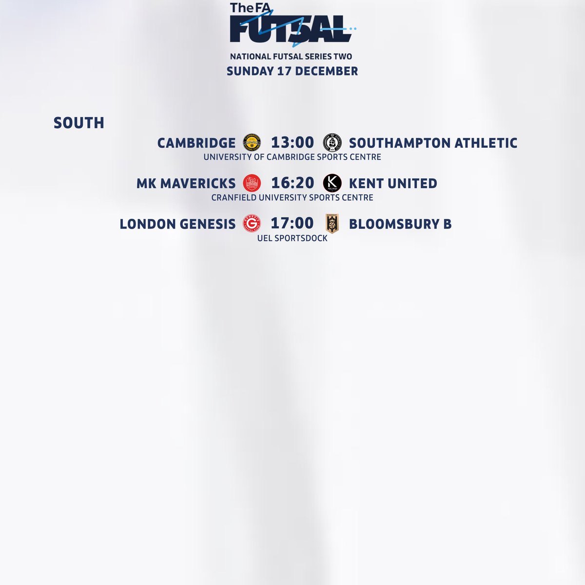 🔔FIXTURES | NFS Two

Just the NFS Two South games ahead of us tomorrow and the teams are ready 👊

Your 13:00 and 17:00 games LIVE on YouTube! 👀
youtube.com/live/Her3HdnzM…