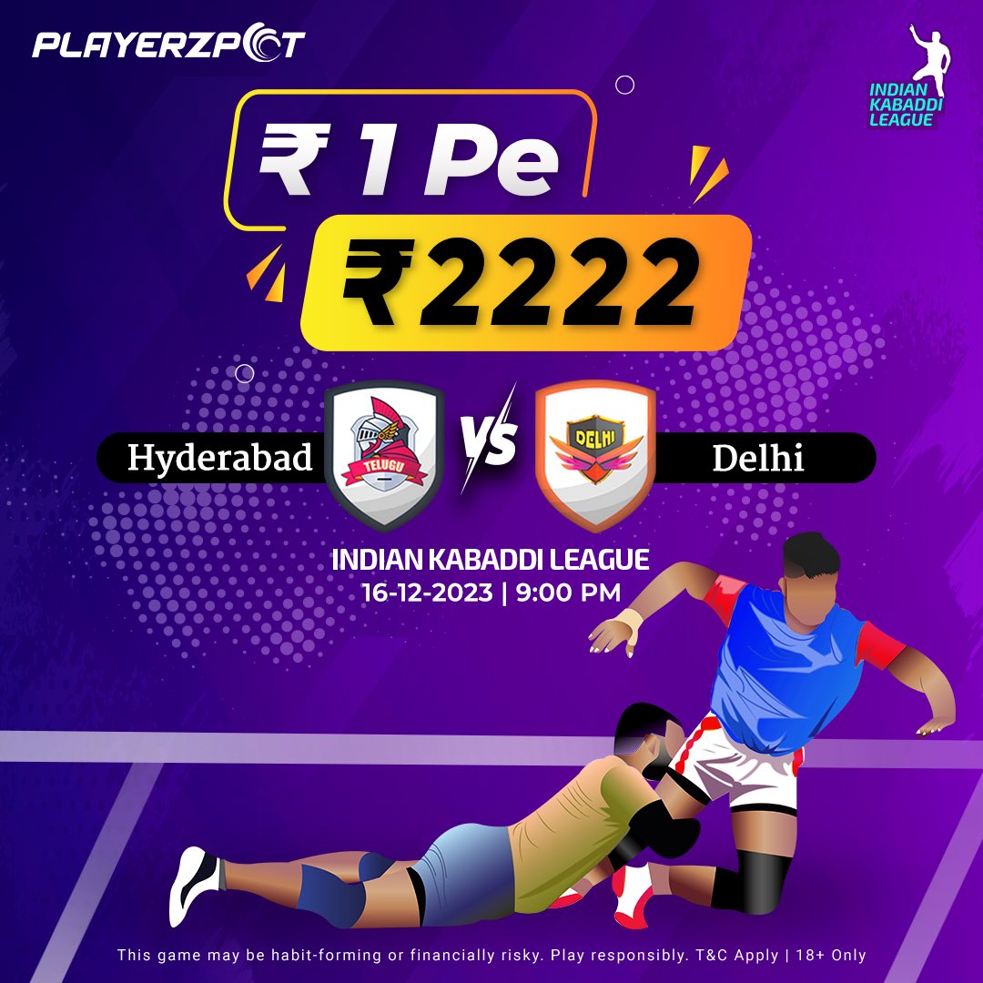 PlayerzPot's tweet photo. Tune in to Hyderabad vs Delhi Kabaddi Muqabla😍✨
Enter the pot at just ₹1 and bag winnings upto ₹2,222!💰💸
Play now : https://t.co/SB7N55tUun
#ProKabaddiLeague #Kabaddi #Sports #Fantasy #PlayerzPot https://t.co/wRBXchgVey