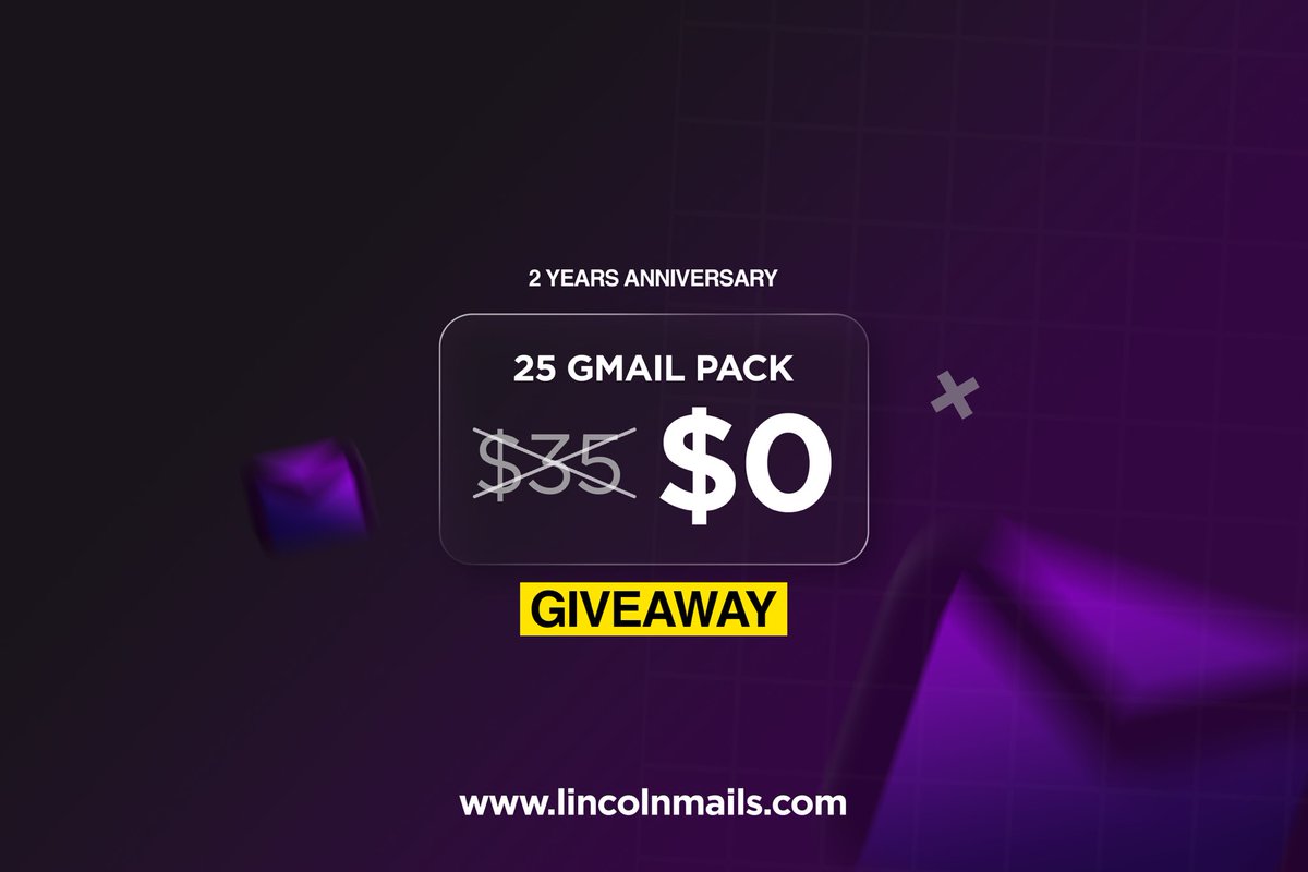 Giveaway Alert ❗️

For the 2 years anniversary of Lincoln Mails we’re giving out a free pack of 25 Gmails !

Follow these steps:
- Follow our X account
- Like and retweet this post
- Join our Discord server ( discord.gg/w65UwhFAUf)

Drawing the winner in a week

Goodluck 🍀🤞🏻