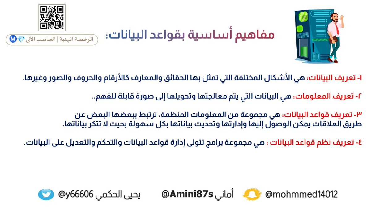 Computerlicense's tweet image. 6️⃣ #المعيار_السادس
✍🏻 معرفة أنظمة قواعد البيانات واستخداماتها

🛑 أساسيات قواعد البيانات:

🔰مفاهيم أساسية بقواعد البيانات: 

1️⃣- تعريف البيانات.
2️⃣- تعريف المعلومات.
3️⃣- تعريف قواعد البيانات.
4️⃣- تعريف نظم إدارة قواعد البيانات.