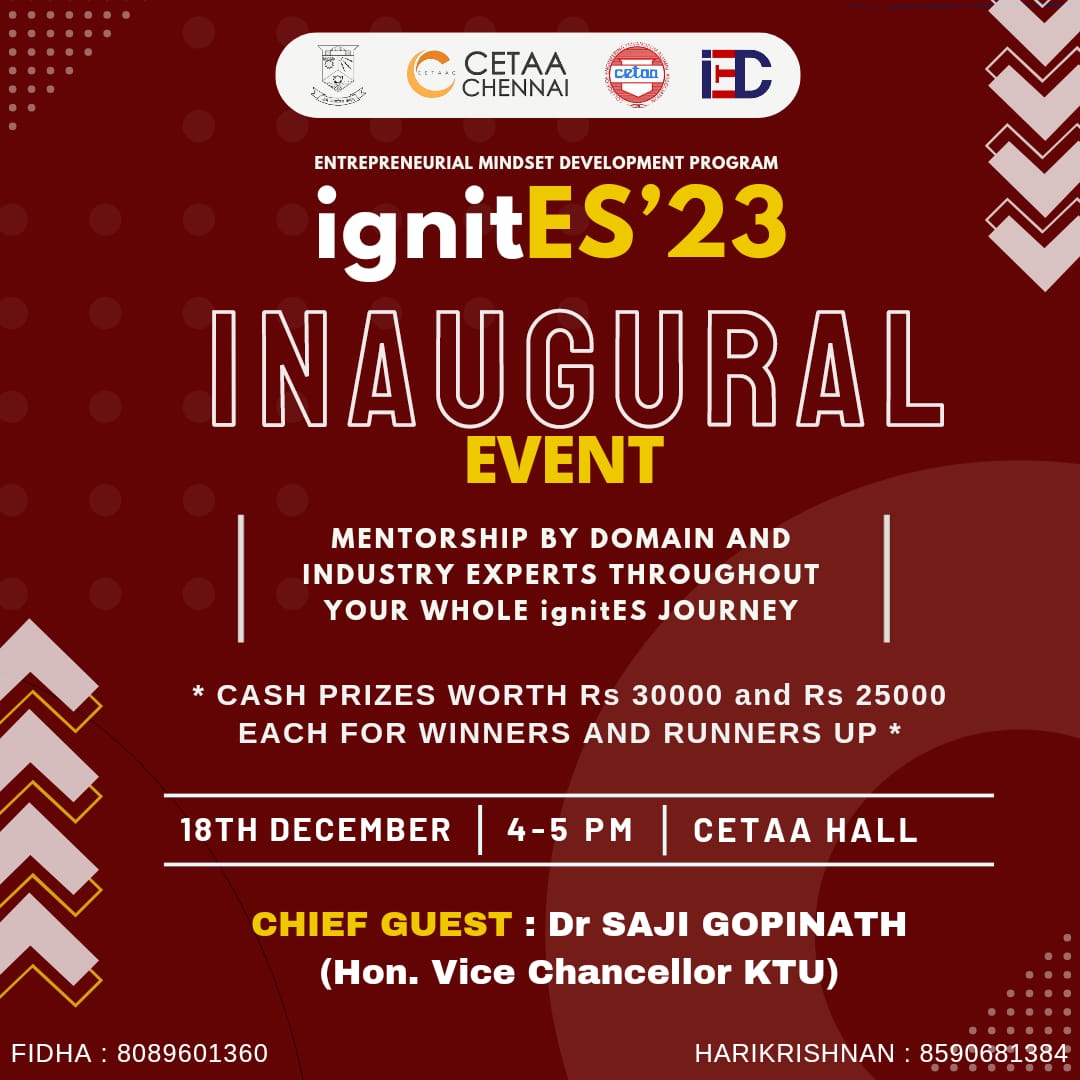 iedccet's tweet image. *IgnitES '23* is here!

Embark on an entrepreneurial extravaganza like none other as we set sail with the ignitES '23 Inauguration by *Dr Saji Gopinath KTU Vice Chancellor* !