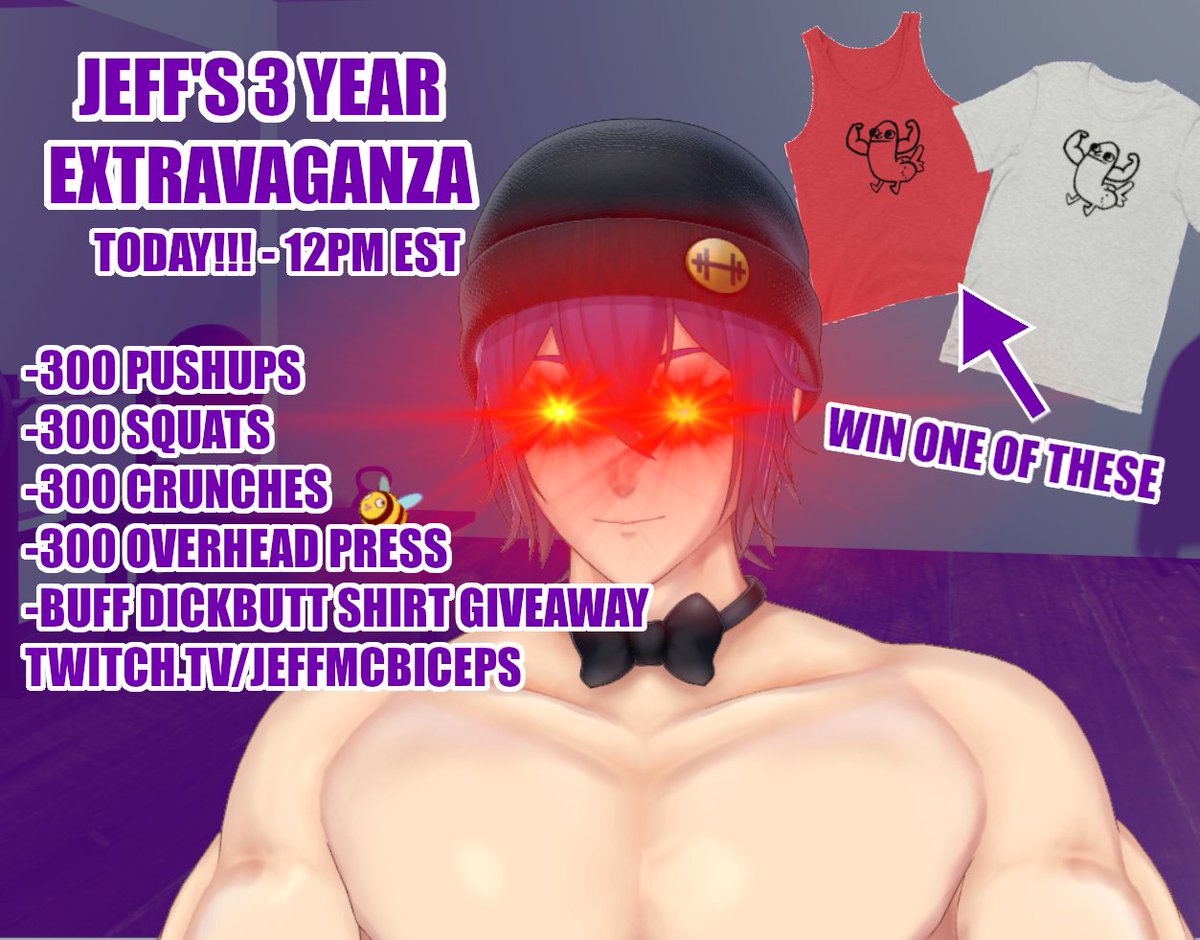 JeffMcBiceps's tweet photo. IT'S FINALLY THE DAY!!! 💪🥳

(IT'S ACTUALLY 2 DAYS EARLY BUT I HAVE TO LEAVE TOWN, THE CARDIO POLICE CAUGHT ME 🥲)

JOIN ME TODAY FOR A HYPE 3 YEAR STREAM FILLED WITH 3 YEAR LIFTING AND MY FIRST EVER MERCH GIVEAWAY

I'LL SIGN THE SHIRT IF YOU WIN IT TOO 👀

#Vtuber #ENVtuber https://t.co/fNRI5msmys