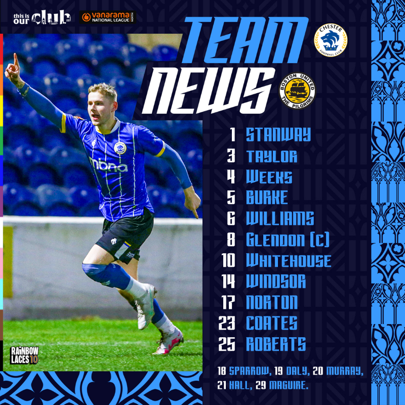 ChesterFC's tweet photo. Here's your #CFCBOS Team News from the Leap76 Stadium! π
It's great to see you back amongst it, @_Kdh21. π«Ά