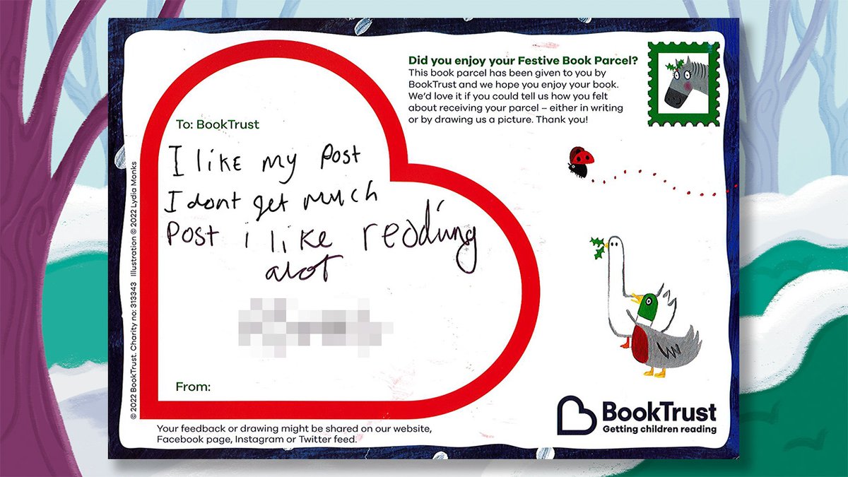'I like my post. I don't get much post. I like reading a lot.' We love getting feedback from children on what their #MagicOfBooks parcels mean to them! It's not too late to donate £10 and help to spread a little joy this Christmas: secure.booktrust.org.uk/donation-xmas?…