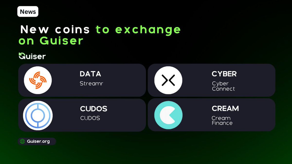 A weekend with newly listed assets on guiser.org non KYC privacy exchange

$DATA - Streamr
$CUDOS - Cudos
$CYBER -Cyber Connect
$CREAM - Cream Finance