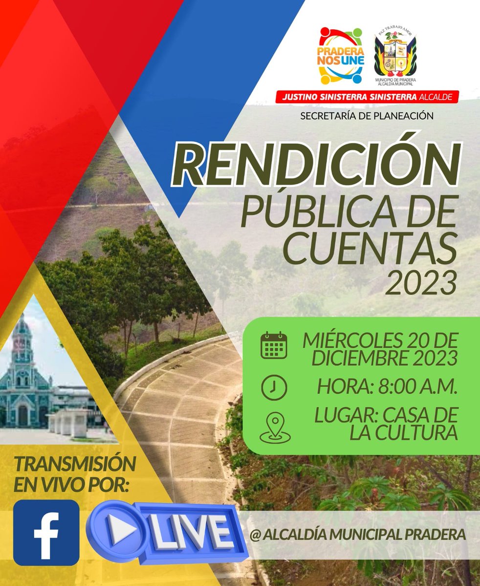 La Administración Municipal que preside el Alcalde Justino Sinisterra, invita cordialmente a la ciudadanía a la Rendición Pública de Cuentas.

#PraderaNosUne