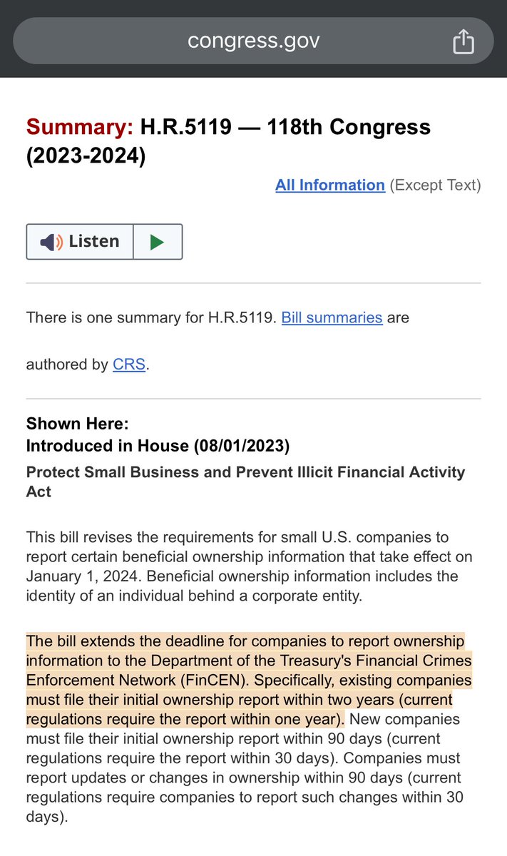 gaylortax's tweet photo. The bill passed yesterday was introduced in August and as Tom states, it is not a delay in implementation but an extension of the time period to file initial reports. Like all things in tax, go to the source and confirm the facts. HR 5119 is the house bill. https://t.co/EibMZqRuKC