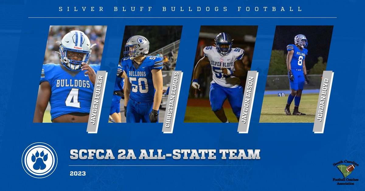 SilverBluffFB's tweet photo. Congratulations to @JaydonEason @chrisechols2084 @jordan_boyd05 @Jayden_Fuller2 on being selected to the 2023 Class AA All-State Team

@SCFCA1 @SBluffAthletics @DBryant18 https://t.co/aRfX3oRXZ5