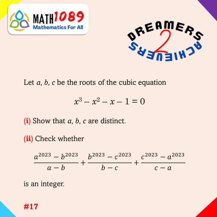 Math1089_9801's tweet image. 𝗗𝗥𝗘𝗔𝗠𝗘𝗥𝗦 𝟮 𝗔𝗖𝗛𝗜𝗘𝗩𝗘𝗥𝗦
Q. No. 17
#math1089 #OnlineTuitionClasses #onlinecoaching #onlinetuition #onlineclasses #ISI #cmi #IOQM #olympiads #matholympiad  #CBSE #ICSE #stateboards #foundation #FoundationClass #FoundationClasses

More at math1089.in/dreamers2achie…