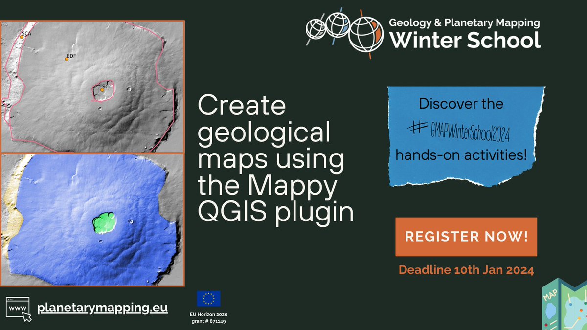 Explore #GMAPWinterSchool2024: Creating geological maps using the Mappy plugin in QGIS (Author: Luca Penasa) 🌌🛰
Join now! Registration deadline: Jan 10, 2024. Online &amp; Free. Jan 22-26, 2024. Learn more: linktr.ee/planetarymappi…

#PlanetaryMapping <a href="/luca_penasa/">Luca Penasa</a>