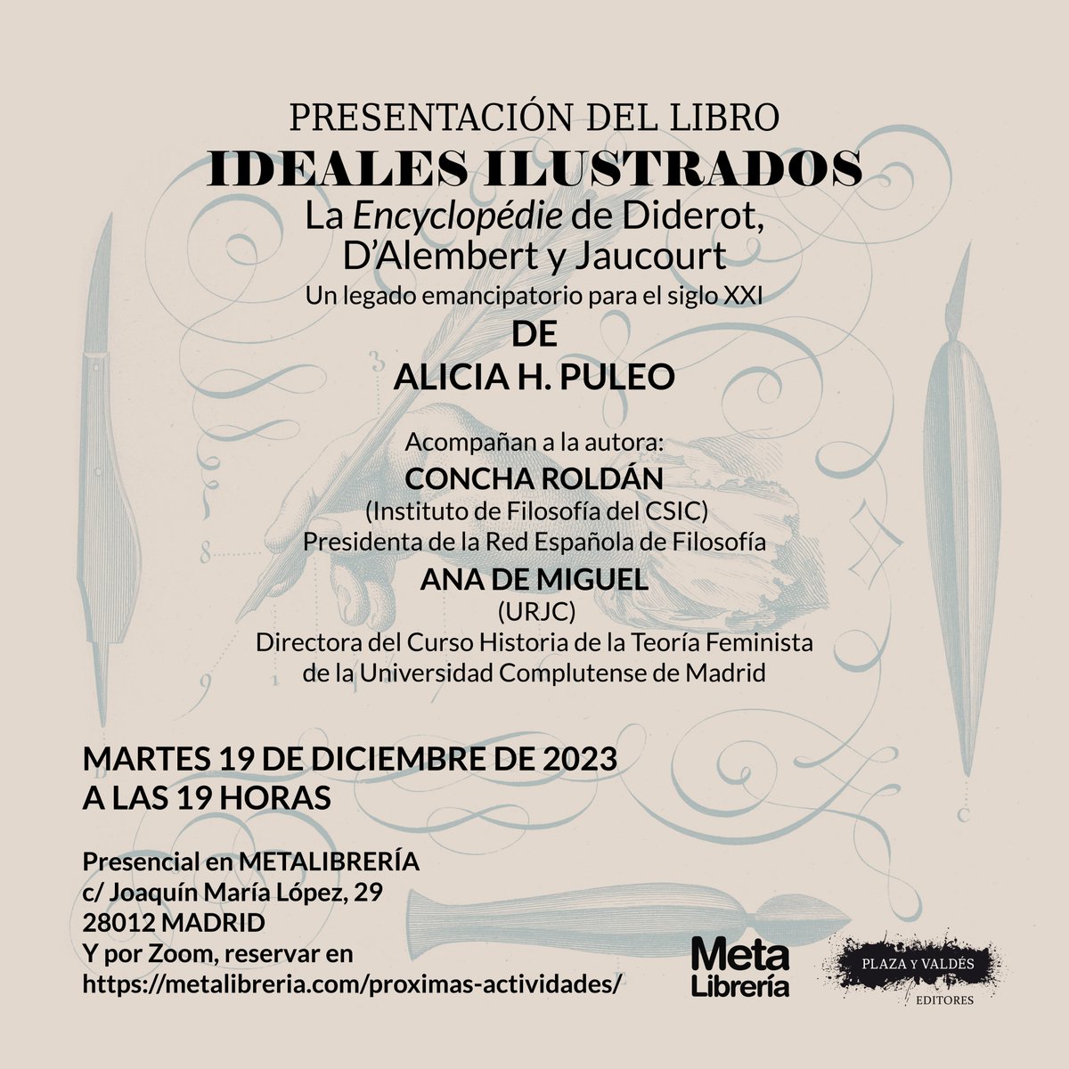 Si este martes 19 de diciembre estáis por #Madrid, os esperamos en <a href="/metalibreria/">Meta Librería</a> a las 19.00h en la presentación del nuevo📚 de <a href="/AliciaPuleo/">Alicia Puleo</a>. Nos remontaremos a los orígenes de la ilustración que nos promete tantos debates apasionantes.
#ecofeminismo
🎥se retransmite via zoom ⤵️