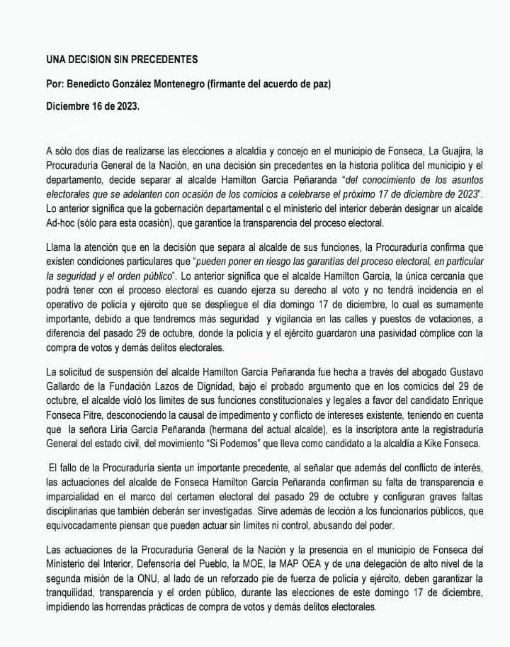 En la víspera de las elecciones municipales de Fonseca, Procuraduría General de la Nación separa al alcalde Hamilton García Peñaranda de las funciones electorales.