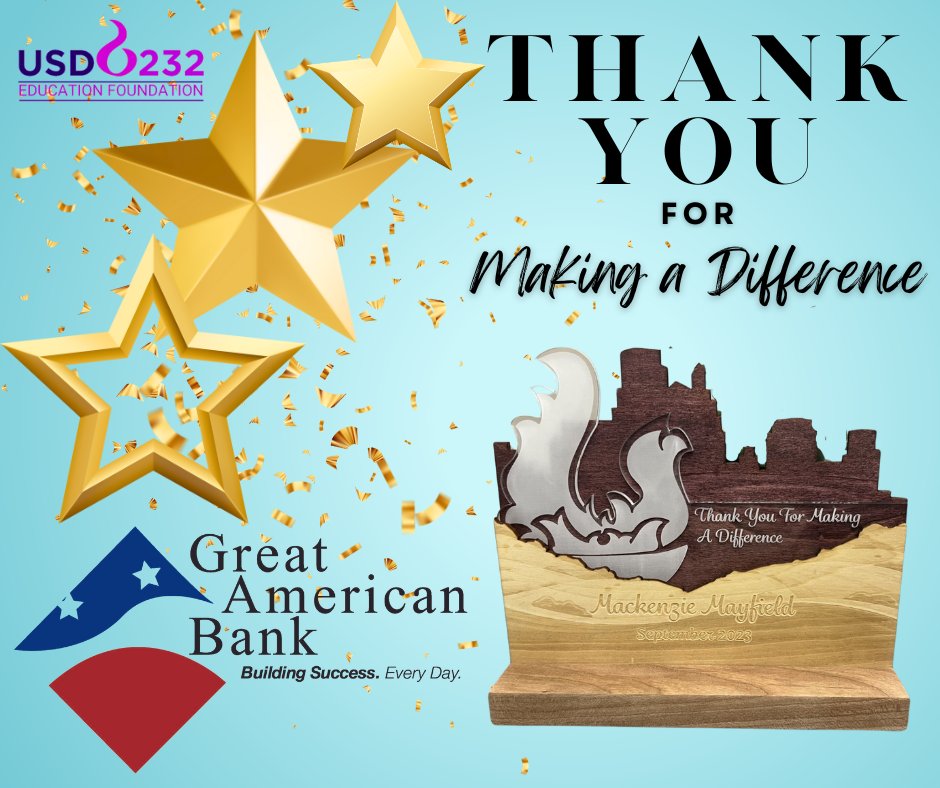 USD232EF's tweet photo. #12DaysofGiving232 Thanks to Great American Bank for sponsoring our Making a Difference Award, spotlighting individuals who go above &amp; beyond their daily responsibilities; delivering outstanding customer service to students, families, &amp; community.
More > https://t.co/G9hOb8OrpY https://t.co/XcjTJ1L3qe