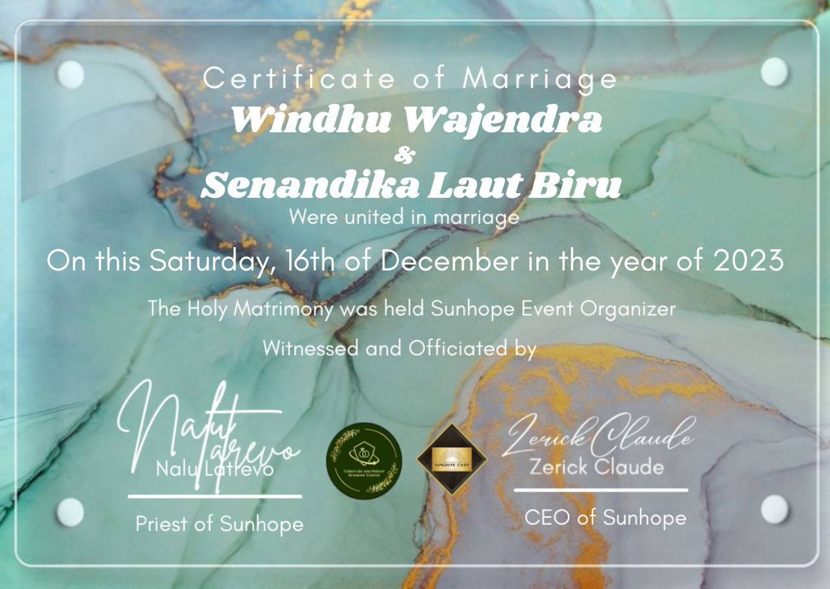 Sunhopecorp's tweet photo. ╭┉┉┅┄┄┈•◦ೋ•◦❥•◦ೋ
   WEDDING CERTIFICATE 
•◦ೋ•◦❥•◦ೋ•┈┄┄┅┉┉╯

📜 Certificate By : @SunhopeCPS

#BoNyu https://t.co/cO85A3UlnU