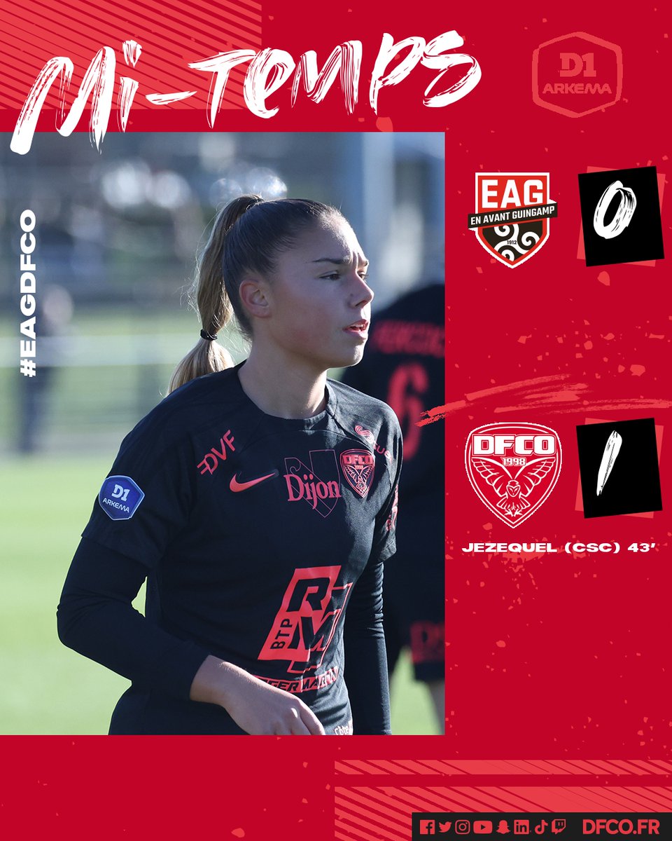 ⏸️ C'est la pause à l'Akademi EAG, le DFCO mène 1-0 face à l'@EAG_feminines ! Direct 📺👉dfco.fr/guingamp-dfco-… #EAGDFCO (0-1) #D1Arkema