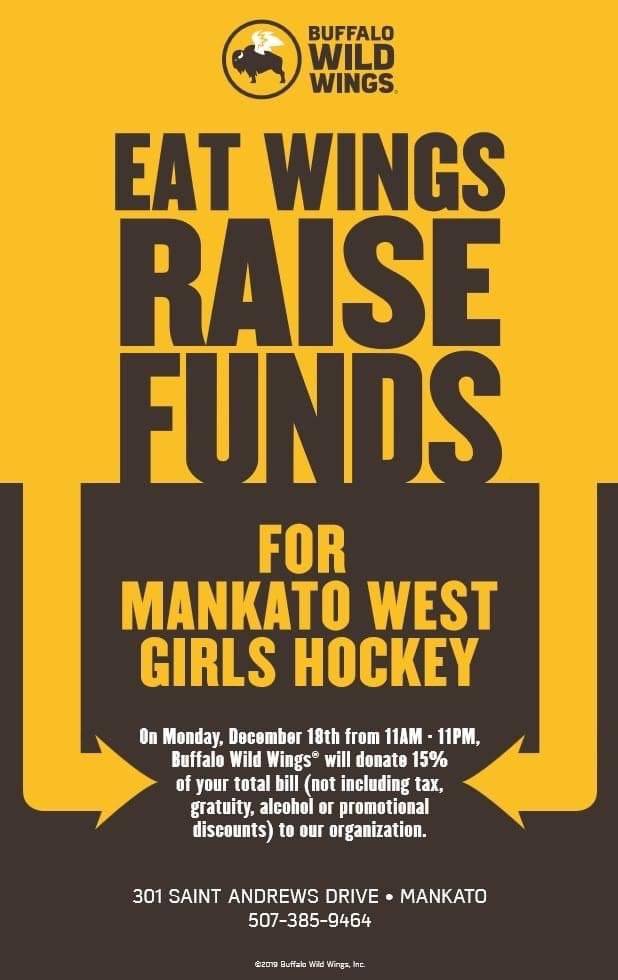GirlspuckWest's tweet photo. Eat at BWW this Monday 11am-11pm, show them the flyer/ticket, and 15% will be donated to the Mankato West Girl's Hockey Club! https://t.co/LFzrgvrqwI
