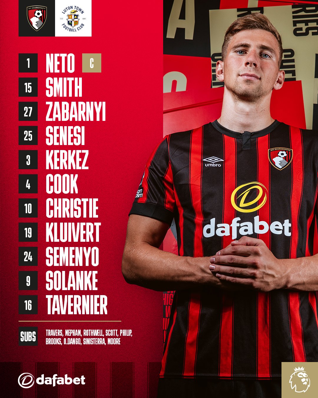 Team news vs Luton Town.

XI: Neto (C), Smith, Zabarnyi, Senesi, Kerkez, Cook, Christie, Kluivert, Semenyo, Solanke, Tavernier.

Subs: Travers, Mepham, Rothwell, Scott, Philip, Brooks, O.Dango, Sinisterra, Moore.