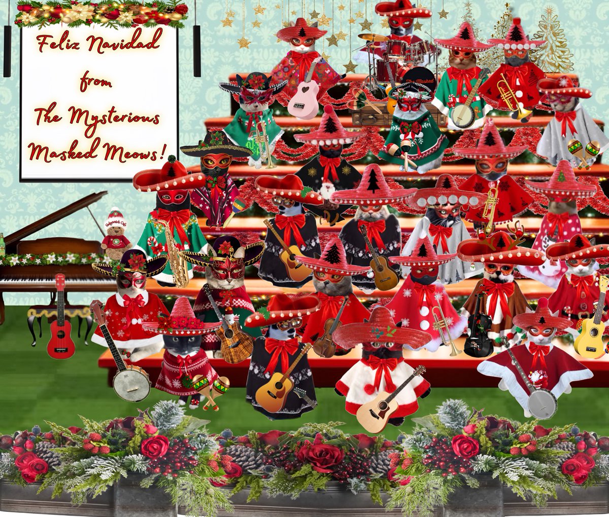 TheMeowmasked's tweet photo. The #MeowMaskedSingers ask you to meow your appreciation to @BungandZip for the wonderful songs we have all enjoyed at  the  #hedgewatchcafe this afternoon. This is the last of their Crispmouse classic twists and is for you #NurseHolly @holly_pickle1 🎄🪇https://t.co/cUeOpAk2JQ https://t.co/Dx8OcCnuMY