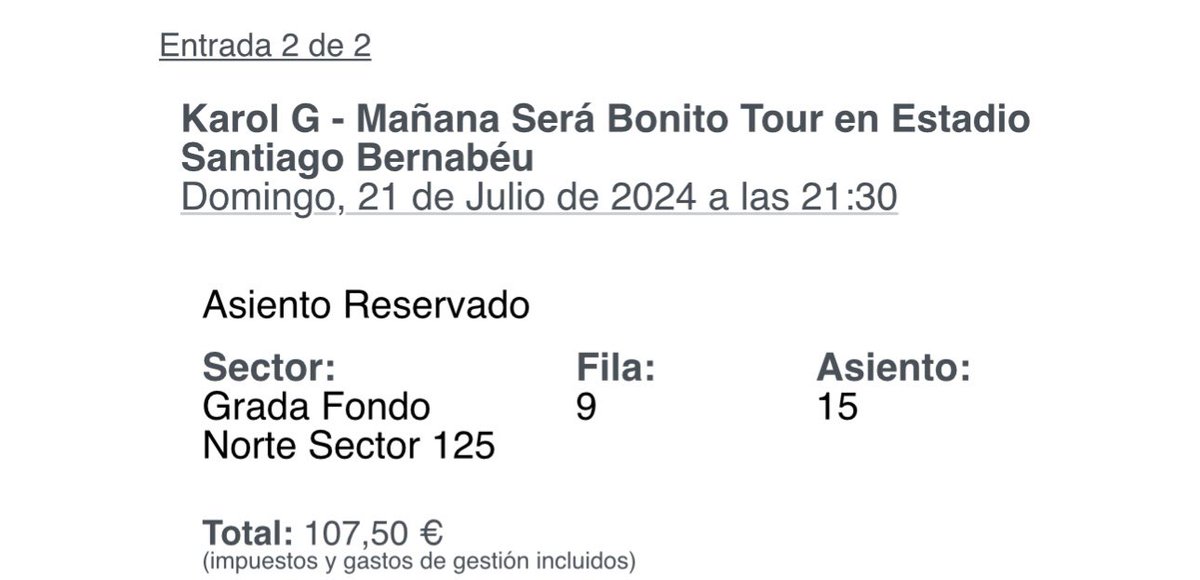 gemabc___'s tweet image. Hola! Busco cambiar una entrada o bien por el sector 215 o por el 125. Me da igual la fila y el asiento, lo único que necesito es alguno de esos dos sectores.
 O si alguien vende entrada de esos sectores lo podríamos hablar! DÍA 21 de JULIO KAROL G