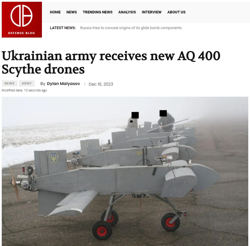 Украины арми шинэ AQ 400 Scythe нисгэгчгүй онгоц хүлээн авлаа - Defence Blog Үйлдвэрлэлийн хүчин чадал 100 ширхэг,500 нэгж болгохоор төлөвлөж байна. 32 кг хүртэл ачаа тээвэрлэх чадвартай холын зайн (750 км) дрон юм. Давуу талууд - хямд, хурдан угсрах, масс үйлдвэрлэх боломжтой.