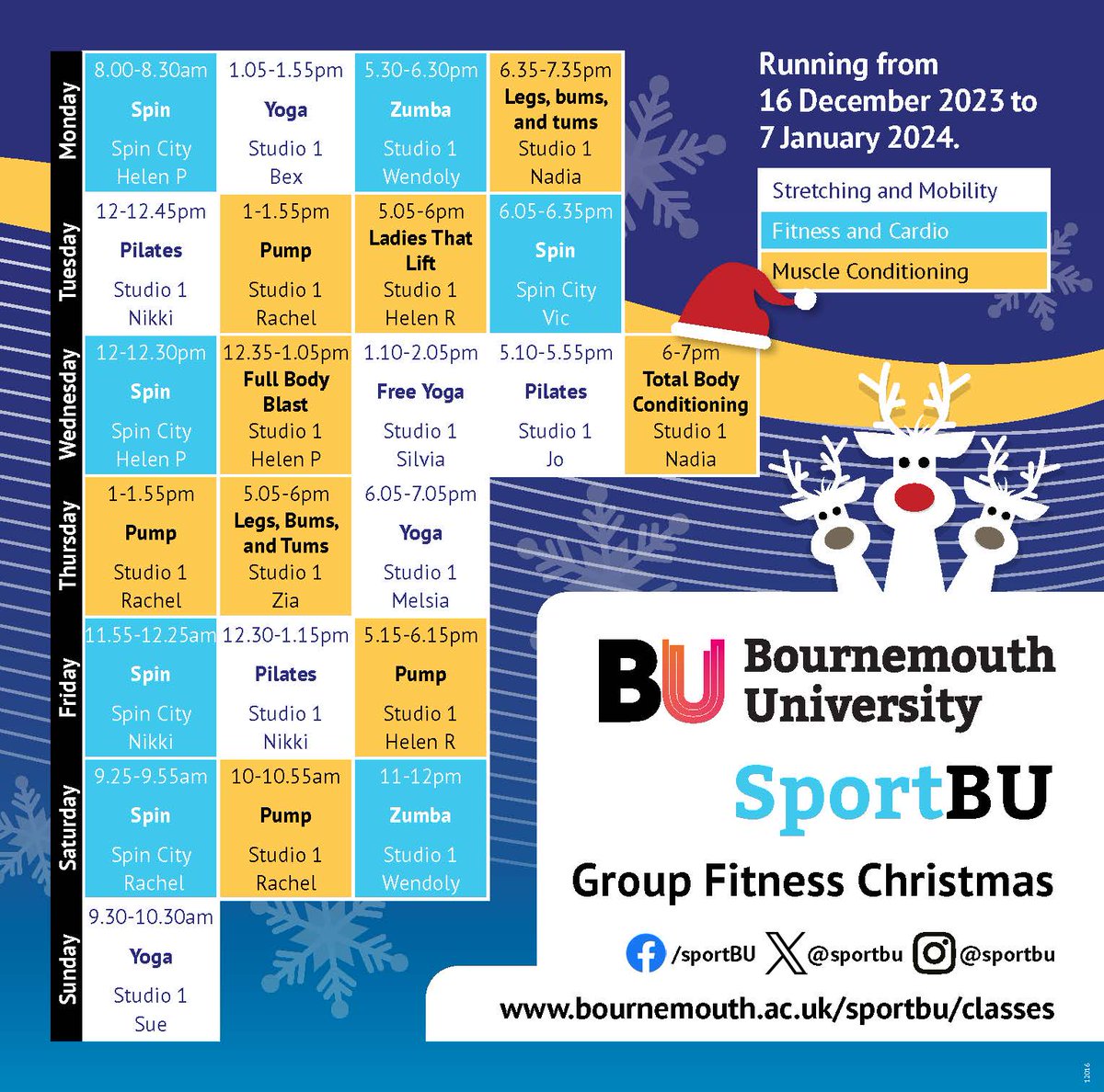 Our Christmas Group Fitness timetable goes live TODAY! Running until the 07 January 2024.

Book your slot here: sportbu.bournemouth.ac.uk/Horizons/

Merry Christmas from the SportBU Team!