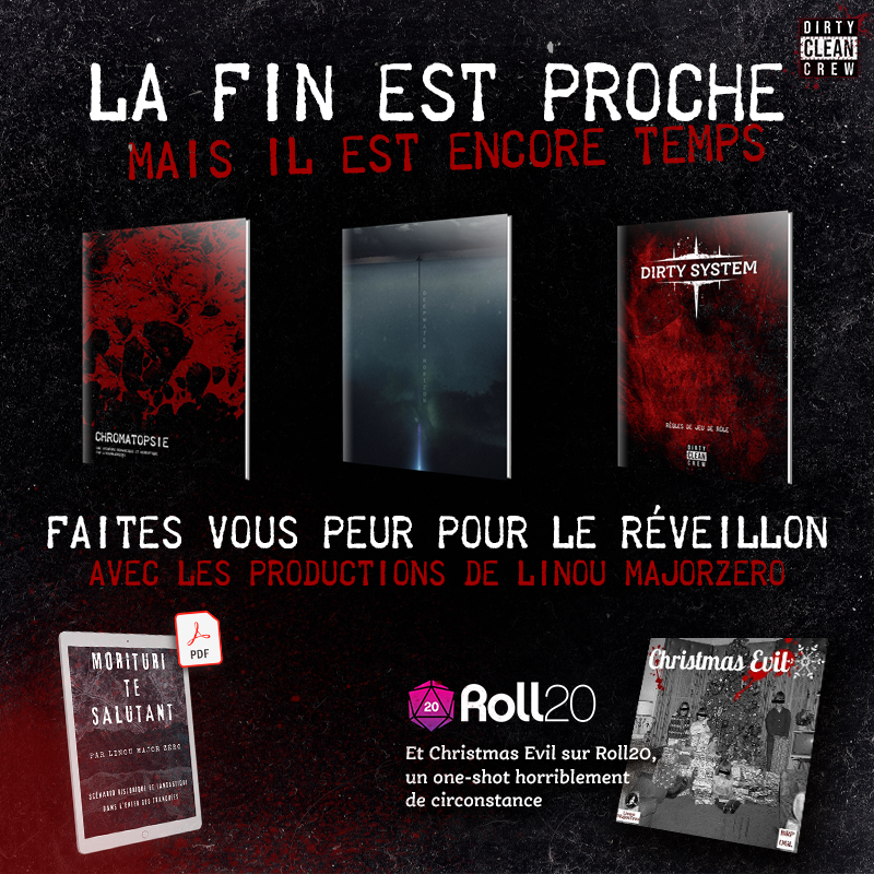 LinouMajorZero's tweet photo. Les fêtes approchent, invitez la peur et le sang à votre réveillon.
Cadeau ou scénario pour une soirée horrifique, mes productions vous attendent.
Rdv sur la boutique du label https://t.co/UA9ew0TVhi et sur le marketplace Roll20 avec Christmas Evil. https://t.co/xn1h3ieiag https://t.co/oulx3L6bXJ